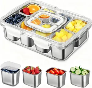 Snackle Box Container, Stainless Steel Divided Serving Tray with Lid and Handle, Large Snack Tray for Fruit Veggie Candy, 8-Compartment Snack Platter for Travel Party Beach Picnic kidinit