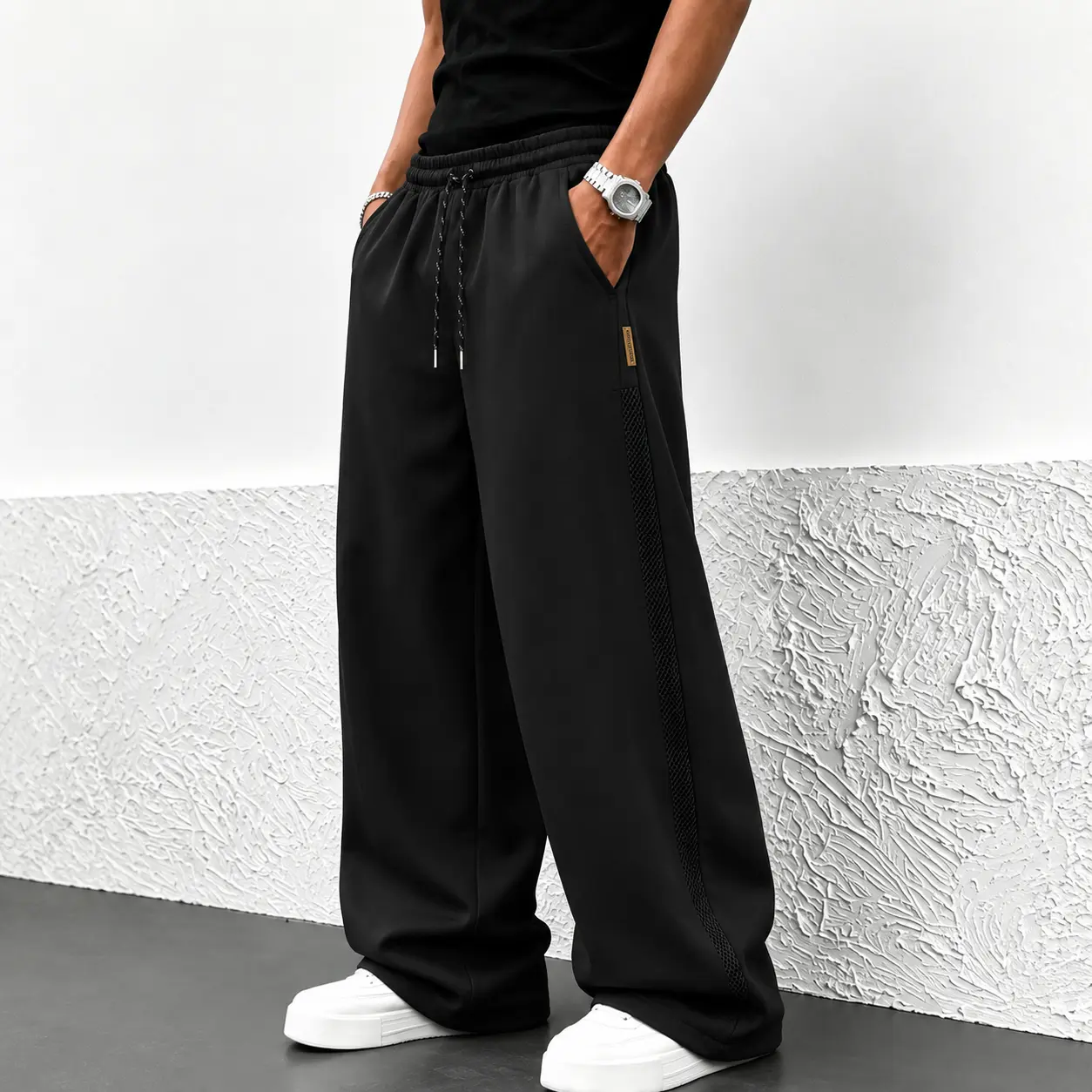 W Men's Athleisure Wide-Leg Pants - Lightweight Quick-Dry Fabric, Side Mesh Stripe, Elastic Drawstring Waist, Pockets for Travel, Workouts