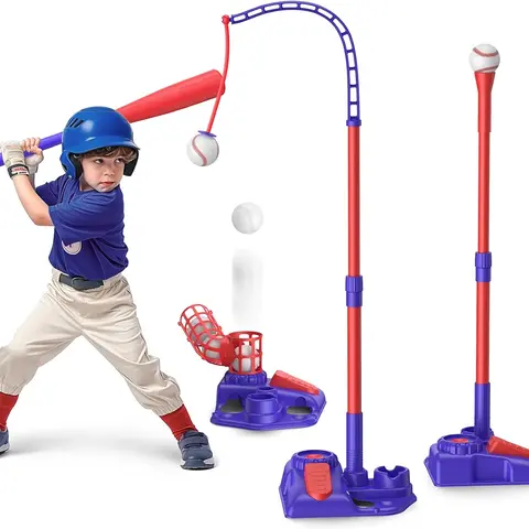 Unisex 3 In 1 Kids Baseball Set for 3 Years and Up, with Bat, Balls, Adjustable Height Batting Tee, Hanging Ball, Foot-Pedal Auto Launcher, Backyard Outdoor Sports Toy