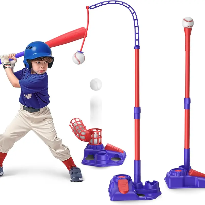Unisex 3 In 1 Kids Baseball Set for 3 Years and Up, with Bat, Balls, Adjustable Height Batting Tee, Hanging Ball, Foot-Pedal Auto Launcher, Backyard Outdoor Sports Toy