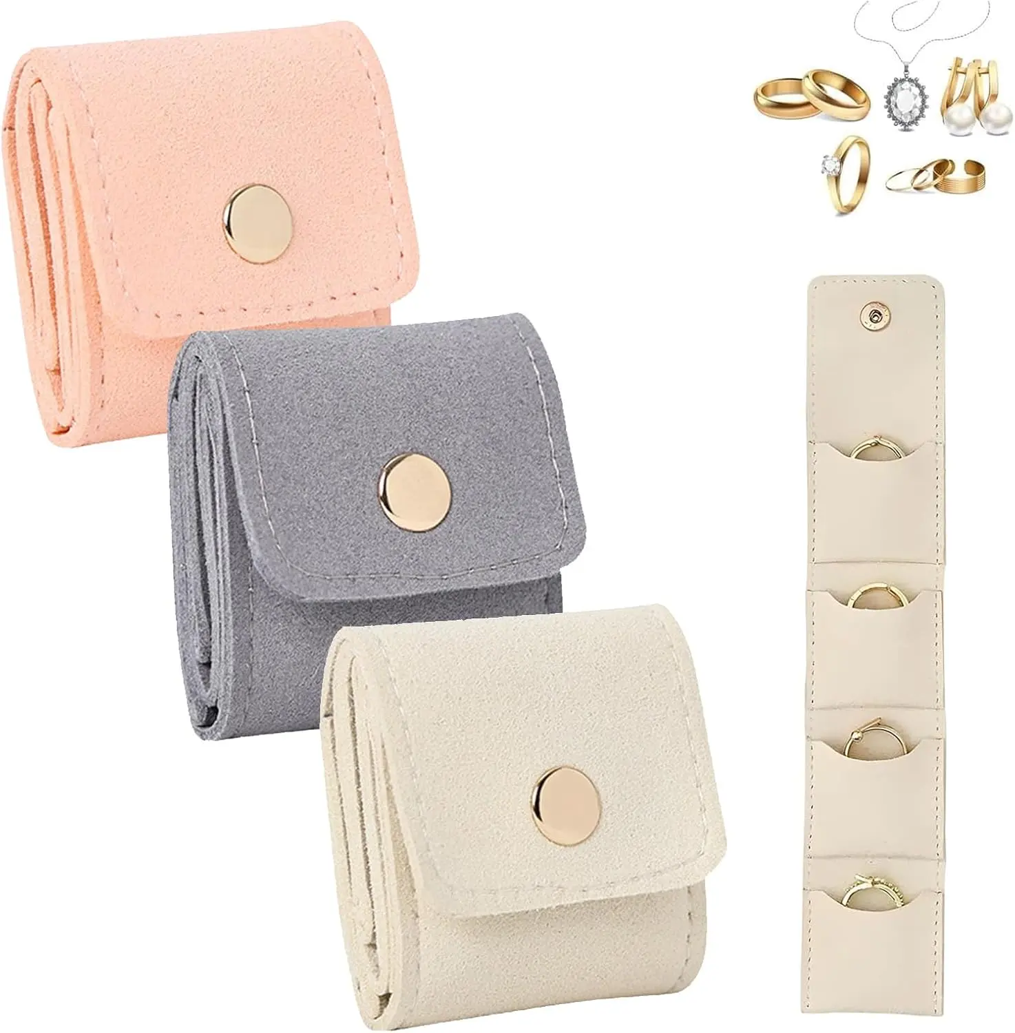 3PCS Portable Velvet Jewelry Bag, Foldable Multifunctional Mini Travel Jewelry Roll Pouch with Buckle, Storage Small Bags for Rings/Earrings/Necklaces