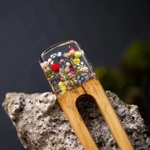 Personalized Hair Fork, Flowers Hair Stick, Custom Bun Holder, Wooden Resin Hairpin, Terrarium Hair Fork, For Long Hair, Gift For Women