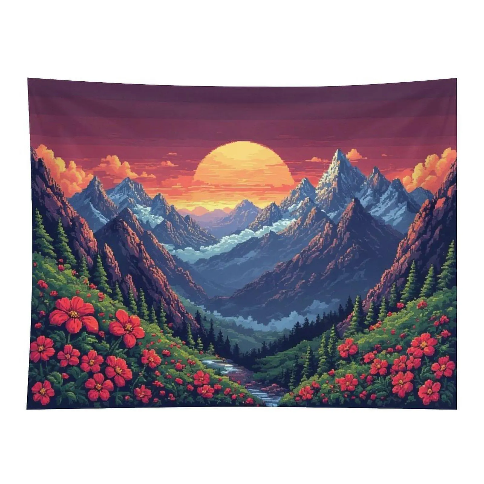 Pixel Mountain Valley Sunset Red Wildflower River Wall Tapestry Wall Hanging, Retro Pixel Scenic Nature Art Decor for Bedroom Dorm Cottagecore Living Room Party Backdrop