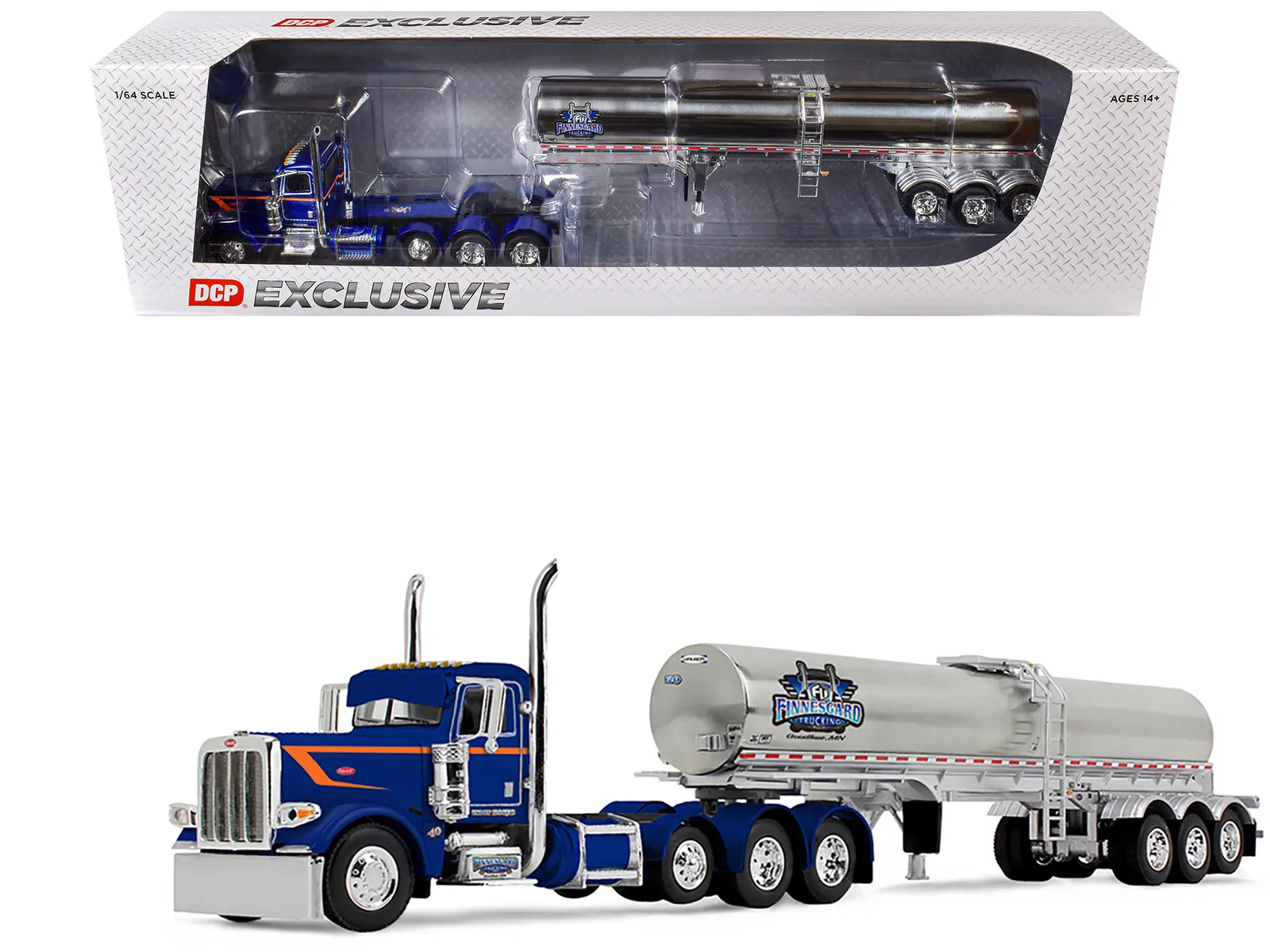 Peterbilt 389 Tri-Axle Day Cab and Walker Food Grade Tank Trailer Blue with Orange 1/64 Diecast Model by DCP/First Gear