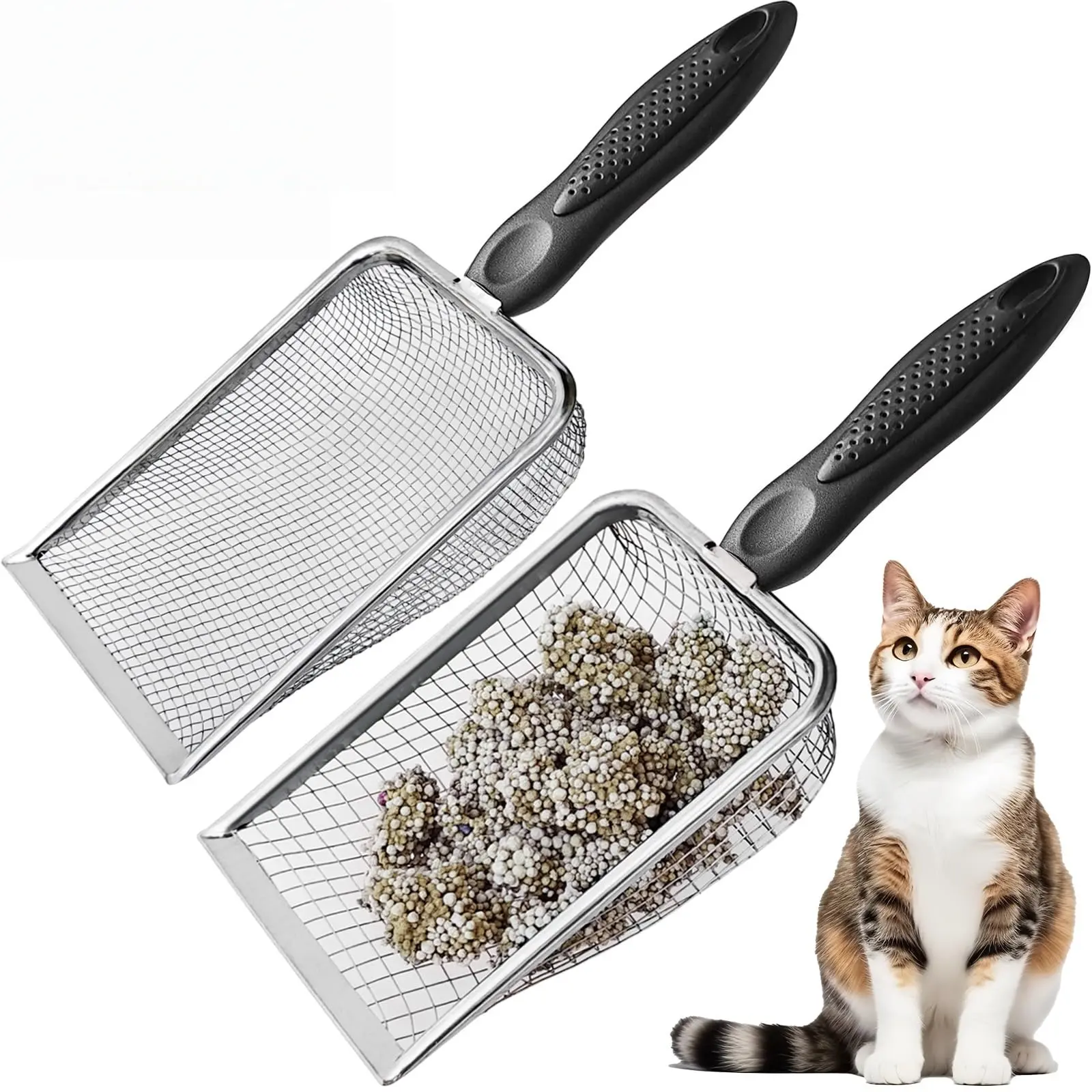 2Pcs Cat Litter Scoop Metal Stainless Steel Mesh, 2mm and 5mm Fine Mesh Cat Litter Shovel, Climbing Pet Excrement Sifter, Stainless Steel Litter Cleaner, Bearded Dragon Metal Rake for Sand Bedding Aquarium