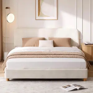 Queen Size Cloud Bed Frame, Soft Boucle Bed Frame with Adjustable Headboard, Solid Wood Legs, Rounded Corners Design & Easy Assembly – Modern Platform Bed,Cream