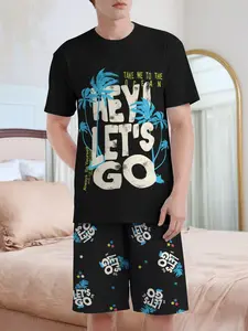 Men's Regular Fit Palm Tree Print Tee & Shorts Pyjama, Casual Comfy Round Neck Short Sleeve T-Shirt & Shorts PJ Set, Men's Sleepwear for Summer