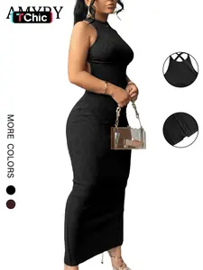 Women's Plain Solid Bodycon Slim Fit Sleeveless High Elastic Loose Round Neck Ribbed Casual Sexy Dress, Spring & Fall Fashion