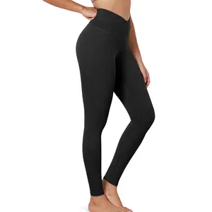 ODODOS Women's Cross Waist 7/8 Yoga Leggings with Inner Pocket 25"/28" Gathered Crossover Workout Pants Sportswear Yoga Attire Activewear 4 Way Stretch Moisture-wicking