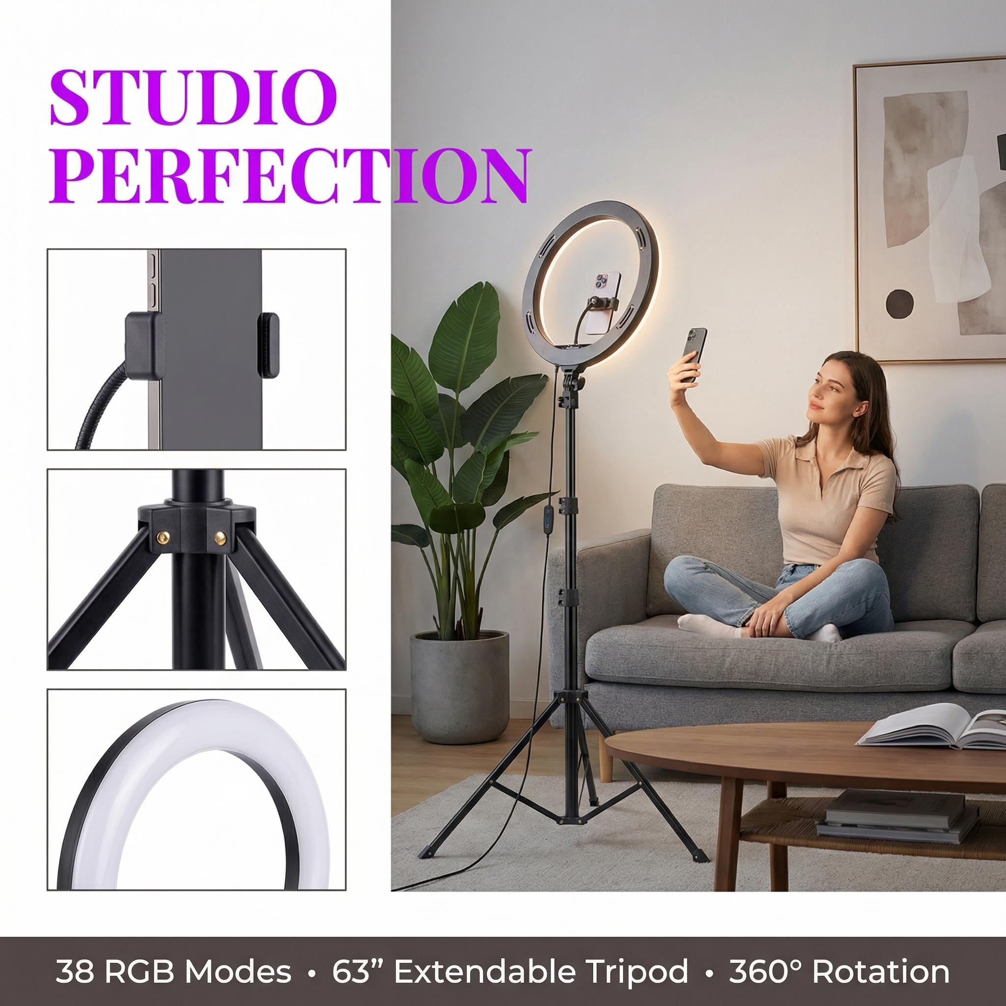 10" LED Selfie Ring Light with 63"Tripod Stand, 38 Color Modes & SteplessDimmable - Circular Light for Vided Recording, Studio Photography, Makeup, LiveStreaming, Smartphone/Tablet Compatible