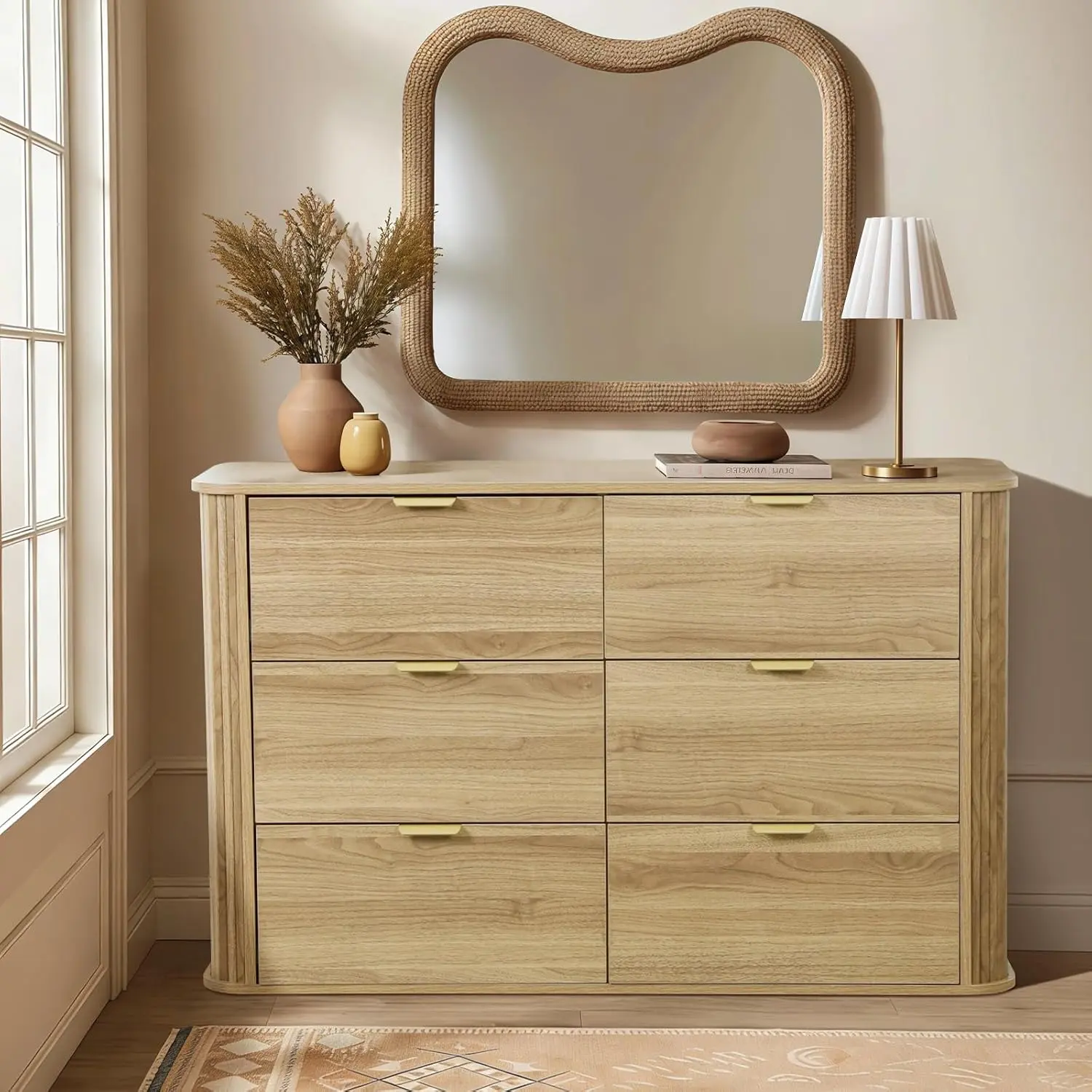 Farmhouse Sideboard Buffet Cabinet with 6 Drawers, 47 inch Modern Wooden Storage antique Cabinet with Metal Handles & Waterproof Surface, Multi-Use for Bedroom, Living Room & Entryway Dresser With Wheels Modern Storage Cupboard Arched Cabinet