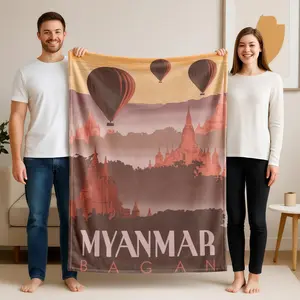 1 piece The hot air balloons and ancient temple landscape of Bagan, Myanmar. themed flannel blanket - Modern geometric pattern flannel sofa blanket, suitable for beds and sofas, all-season multi-purpose use, super soft and comfortable, digital