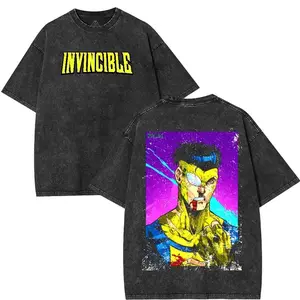 Vintage Washed Invincible Mark Grayson Oversized T‑Shirt From fashion wear, Retro Superhero Graphic Streetwear Tee, Loose Casual Short Sleeve Top, Stylish Daily Outfit For Comic Fans