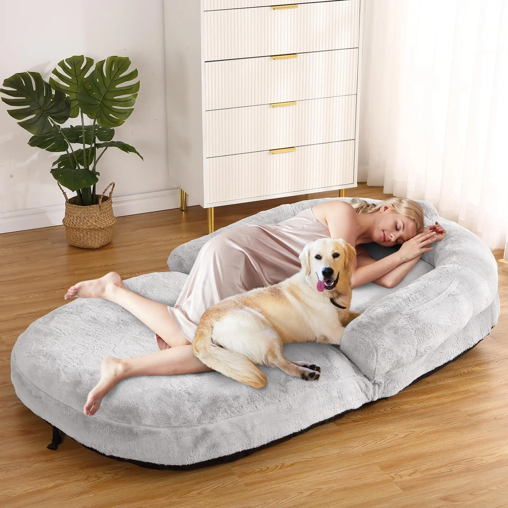 GARVEE Foldable Oval Large Indoor Furniture Dog Bed - 71"x43"x10" Light Grey Double-Use Bed with Washable Removable Faux Fur Cover