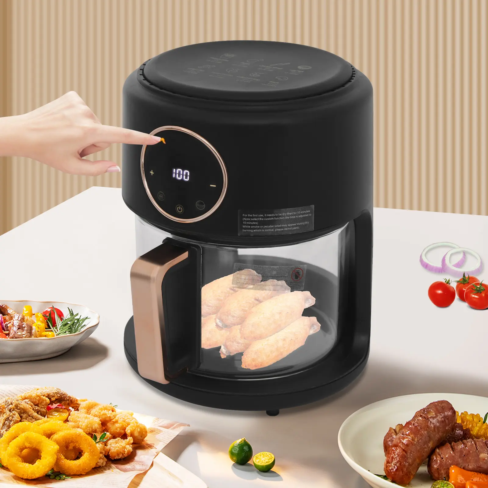 1 Air Fryer with 1 Grill, 110V 1200W Modern Kitchenware, 4.2L/3.81Qt 3.8kg/8.38lbs Capacity, US Plug, 8 Preset Modes, 360° Viewable Borosilicate Glass Pot, Non-Stick Dishwasher-Safe Touchscreen UI, for Family, Restaurants