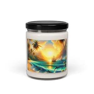 Scented Candle 1111 "Dolphin Dusk: Tropical Paradise Sunset" - 9 flavors Tropical Beach Sunset with Palm Trees, Dolphins, and Sailboats Art Decor Glass Wick Freshener Decoration Aroma