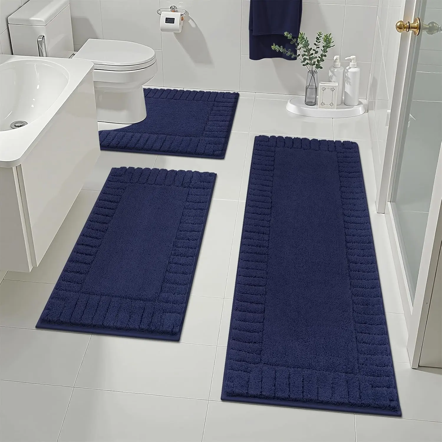 [Back to School] HEBE Bathroom Rugs Sets 3 Piece Bathroom Shower Rugs with U-Shaped Contour Toilet Mat Absorbent Microfiber Plush Bath Mats Non Slip Bath Rugs Machine Washable Shaggy Bath Mat Set