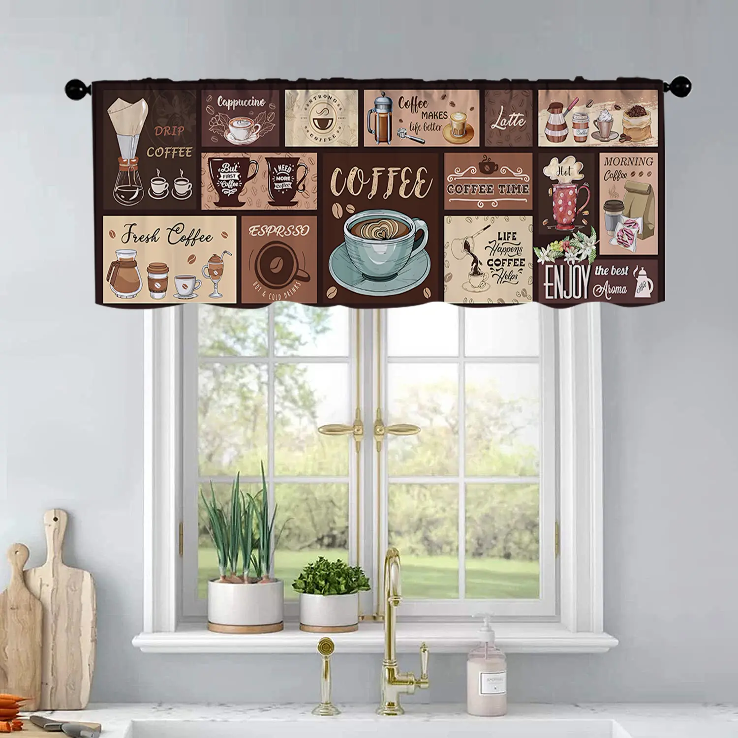 1 Coffee Shop Coffee Cup Printed Kitchen Curtain Curtain Curtain Living Room Bedroom Bathroom Home Decoration 54 Inches * 18 Inches