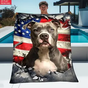 1pc 2D Flat Dog Animal Artwork Blanket, Lightweight Flannel American Flag Throw, Winter Warm Soft Digital Print Country Flag Blanket - Holiday Birthday Gift for Sofa Use, Country Flag Blankets, American Flag Blankets