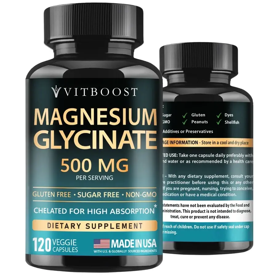 Vitboost Magnesium Glycinate 500 mg, ​​Muscle Relaxation, Sleep, Calm & Energy, High Absorption, Vegan, Non-GMO, 120 Capsules - Made in USA