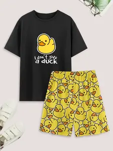Men's Cartoon Duck Print Tee & Shorts Loungewear, Classic Casual Comfy Round Neck Short Sleeve T-Shirt & Shorts PJ Set, Men's Sleepwear for Summer, Round Neck Pajamas, Pajama Outfit