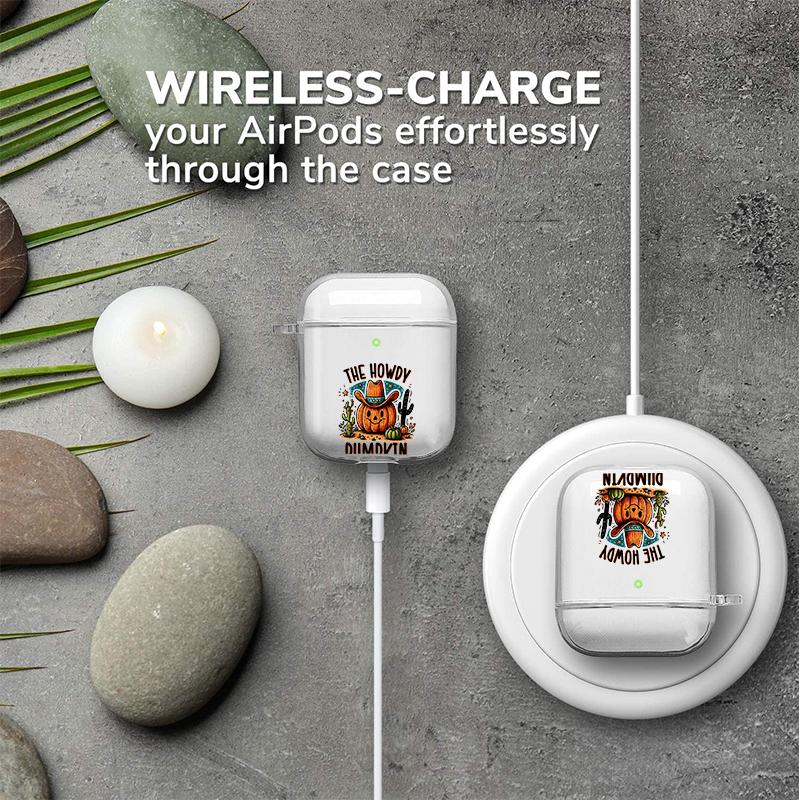 Cowboy Pumpkin Greeting Pattern TPU Soft Protective Case for Apple AirPods 4/3/2/1/Pro/Pro2 Transparent Earphone Cover with Keychain Attachment