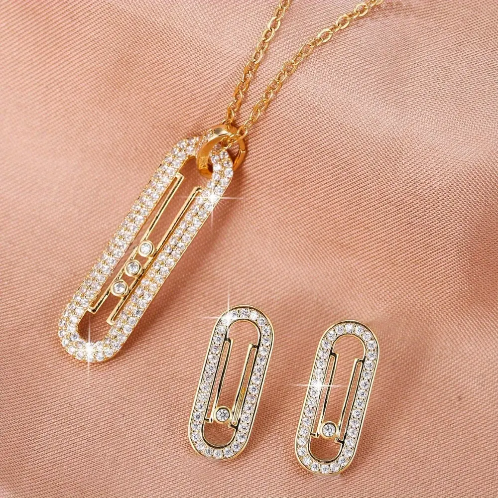 Bedazzling Brooch-Inspired 2-Piece Accessory Set - High-End Synthetic Zircon Pendant Necklace & Earring Set, Designer-Quality Costume Jewelry for Daily & Party Outfits, Pendant Necklace Set