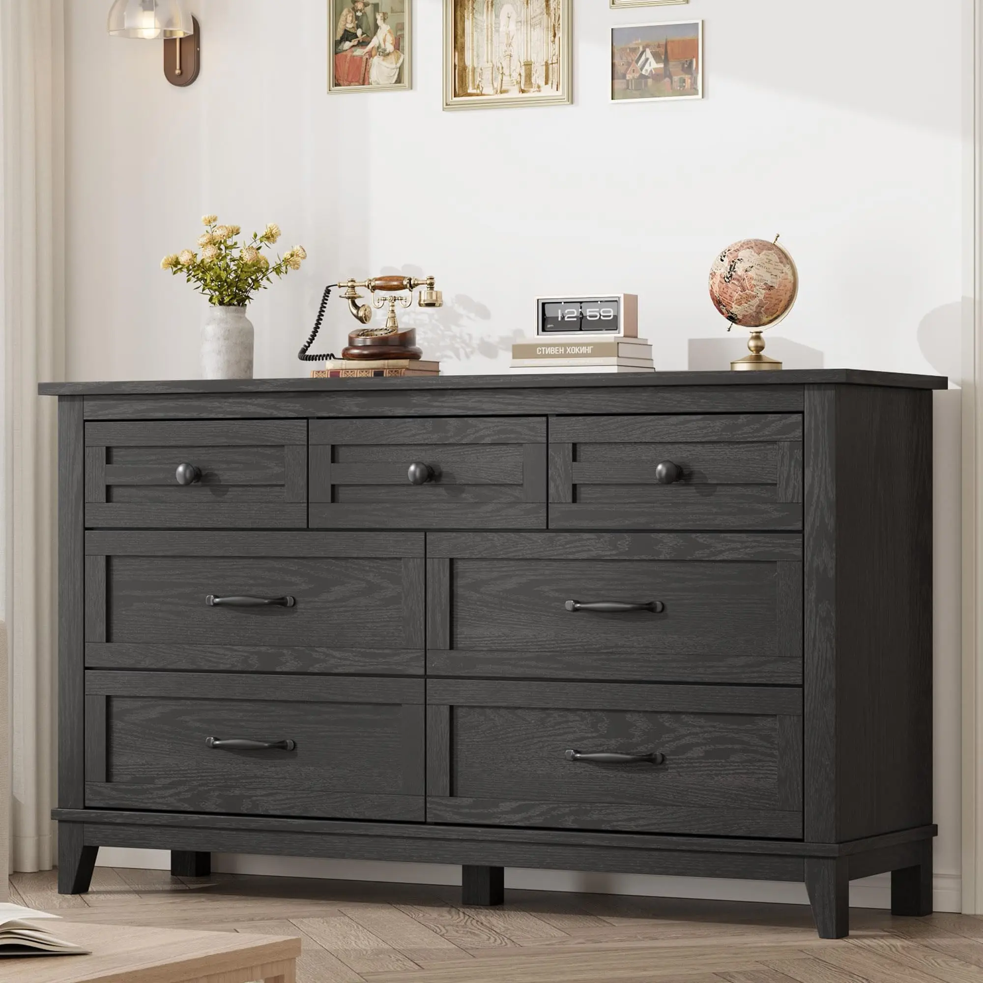 OP-Garvee 54" Wide 7-Drawer Nordic-style stylish Dresser, Wooden Storage，Saves Space ，Features an anti-tipping design，Chest for Bedroom, for Living Room & Entryway, Freestanding Closet Organizer Print Girls Vanity Set Mobile Standing Desk with Wheels