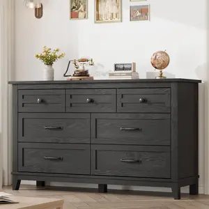 OP-Garvee 54" Wide 7-Drawer Nordic-style stylish Dresser, Wooden Storage，Saves Space ，Features an anti-tipping design，Chest for Bedroom, for Living Room & Entryway, Freestanding Closet Organizer Print Girls Vanity Set Mobile Standing Desk with Wheels