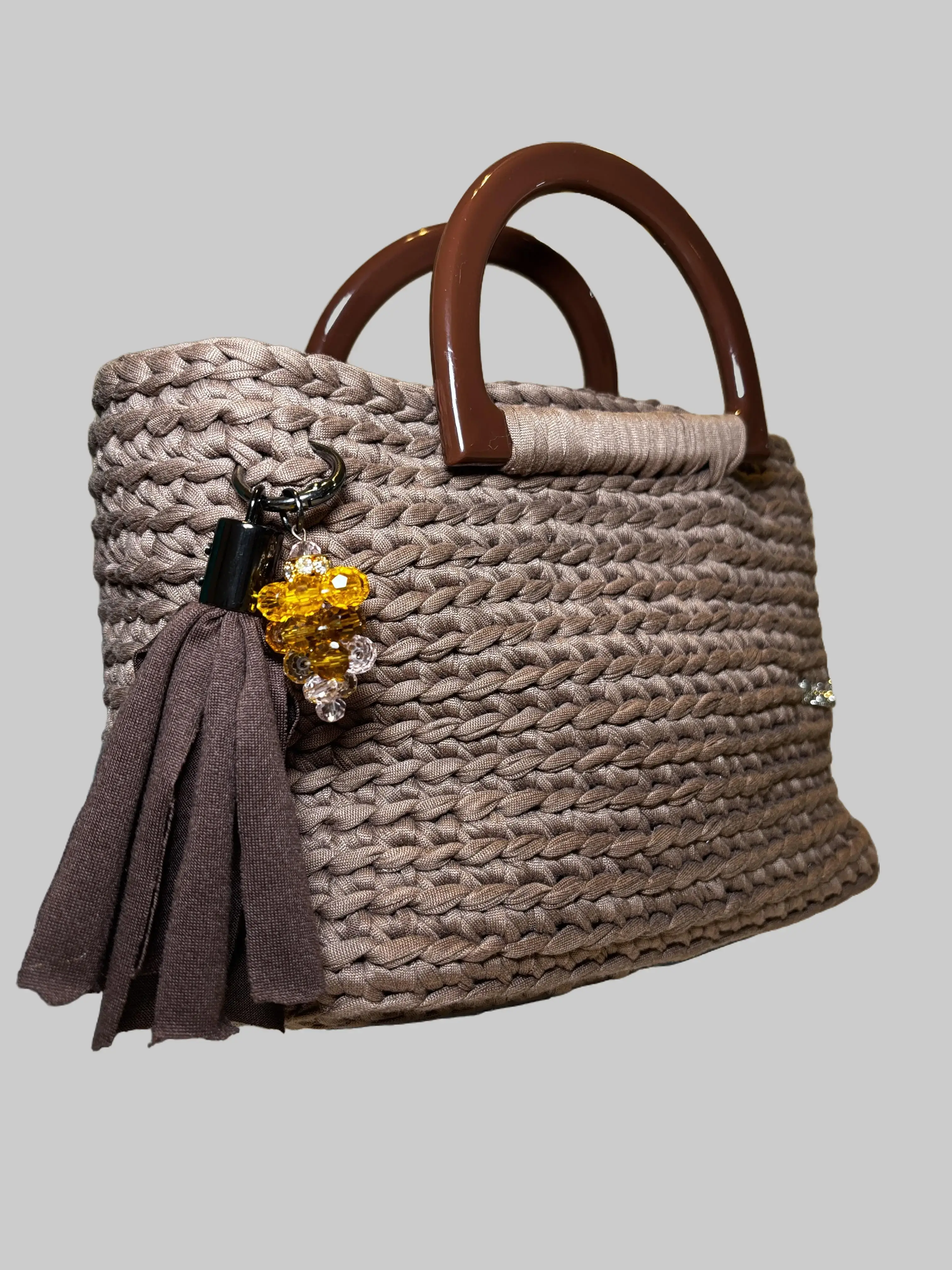 Women's Handmade Lightweight Mini Brown Knit Top-Handle Tote Bag with Crystal Charm