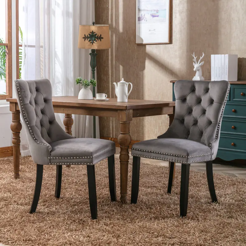 Nikki Collection 2-Pcs Upholstered Dining Chairs - High-End Modern Designer-Inspired Chic American Aesthetic Back-Friendly Velvet Tufted Solid Wood Chairs with Wood Legs, Nailhead Trim, Gray, SW2001GY, Chic Dining Chairs