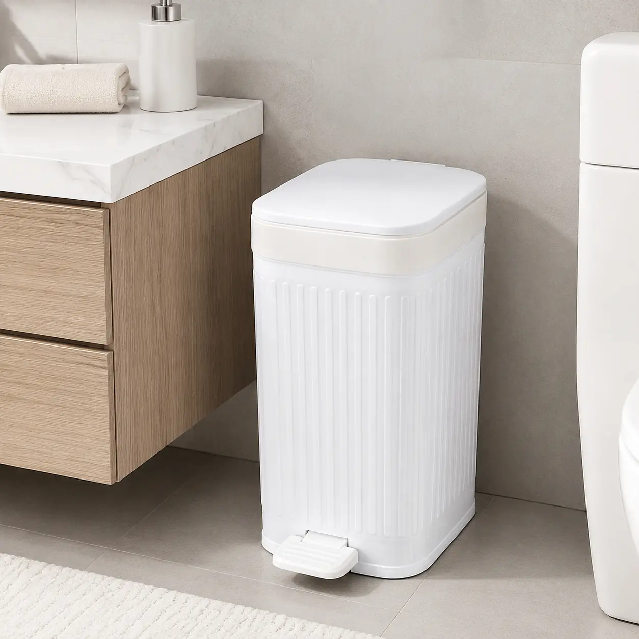 Matte Vertical Ribbed PP Plastic Pedal Garbage Can - Single Unit Hands-Free Automatic Flip-Seal Odor-Lock Lid Bin, Dustproof, Scratch-Resistant, Space-Saving for Small Spaces, Guest Bathrooms | Home Care Supplies No-Box Waste Container
