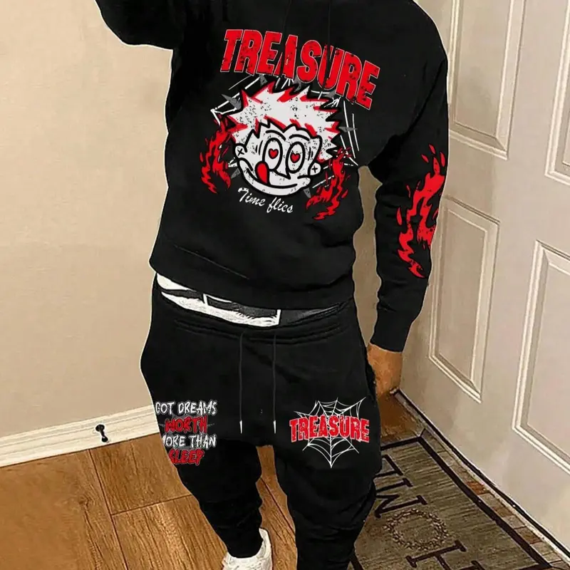 Two-piece Set Men's Letter Print Thermal Lined Hoodie & Drawstring Waist Sweatpants Set, Regular Fit Casual Long Sleeve Hooded Sweatshirt & Elastic Waist Pocket Pants, Men 2 Piece Pants Sets, Men's Spring & Fall Clothes Streetwear
