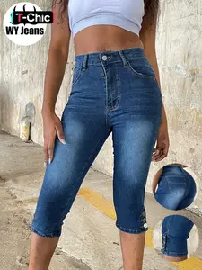 Fashion Women Slim Fit Skinny Denim Jean Seven-Quarter Pants, Button Front Design, Pocket, Comfortable Elastic Waist, Casual Style, Everyday, Suitable for Various Occasions