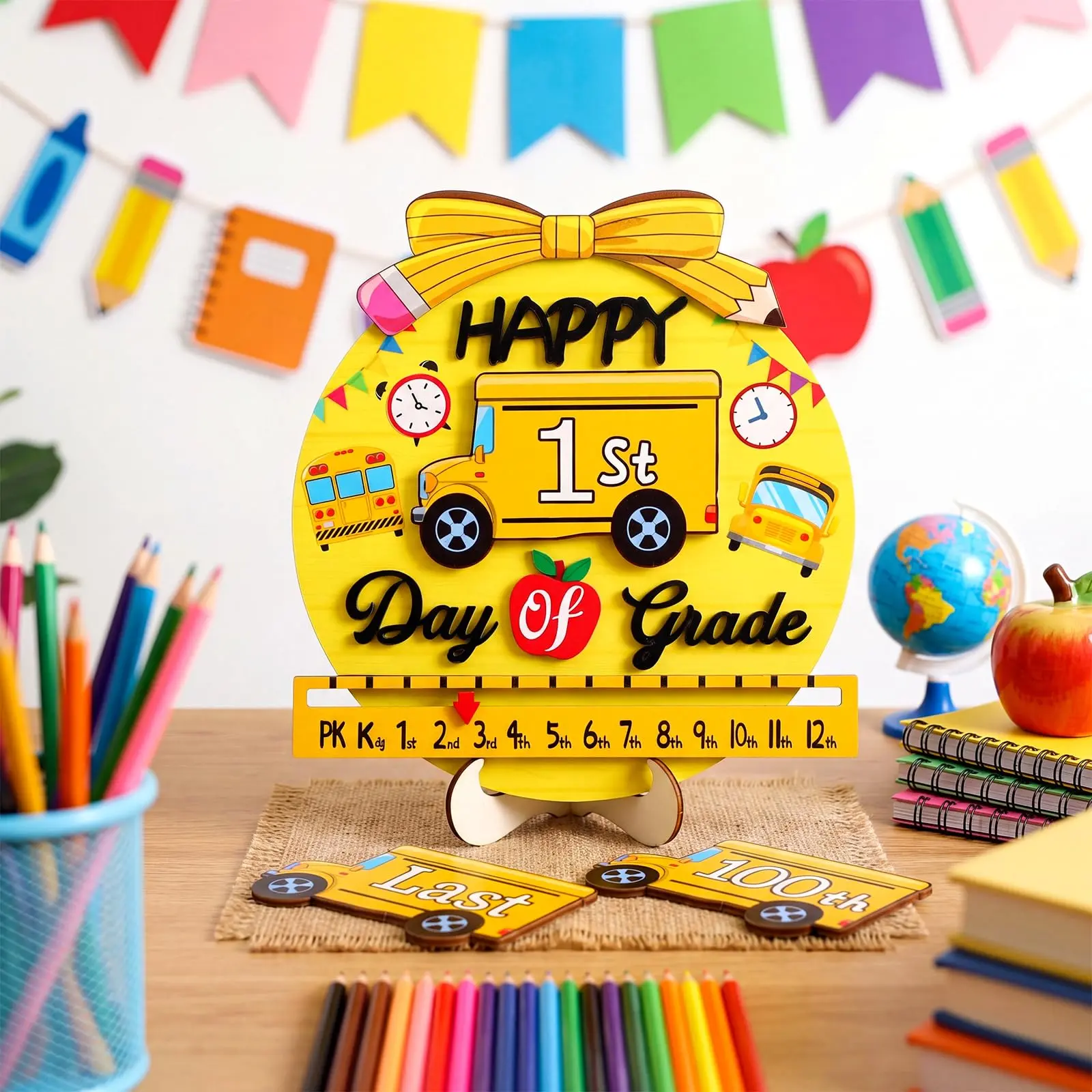 Back to School Interchangeable Wooden Sign with First Day of School, 100th Day & Last Day of School Sign for Prek Kindergarten Elementary K12 School Milestone Photo Props Cute Pink Bow Design Classroom Decor Teachers Mom Board Gift for Student Boy Girl