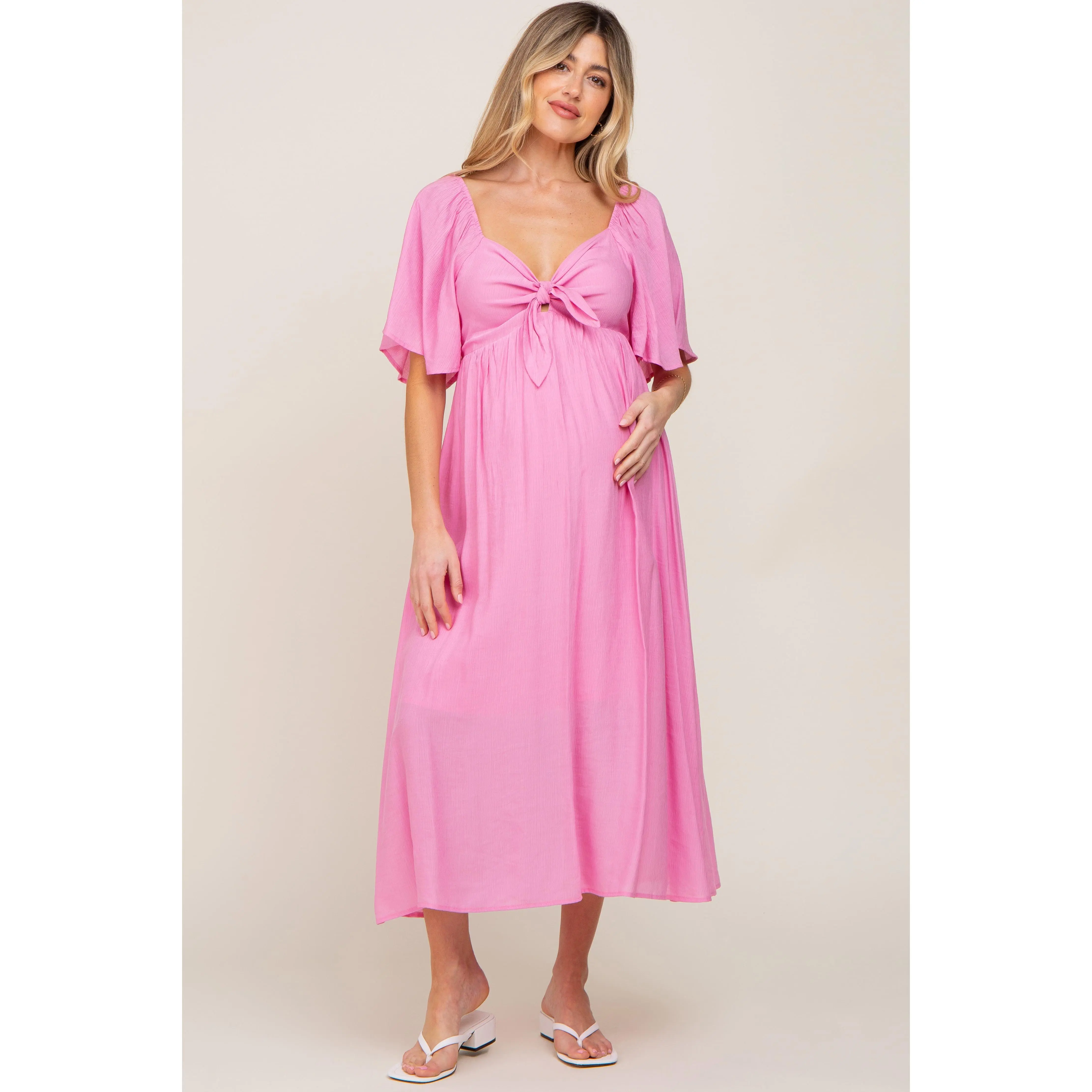 Pink Front Tie Ruffle Sleeve Maternity Midi Dress