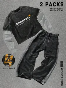 Tiktok Streetwear Patchwork Sleeve Set, Contrast Sleeves, Racing Print Pants, Oversized Fit, Trendy Men's Fashion