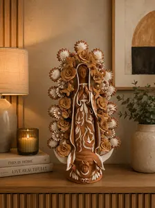 XL Handmade Clay Virgin Mary Sculpture, Mexican Folk Art, 23.7"