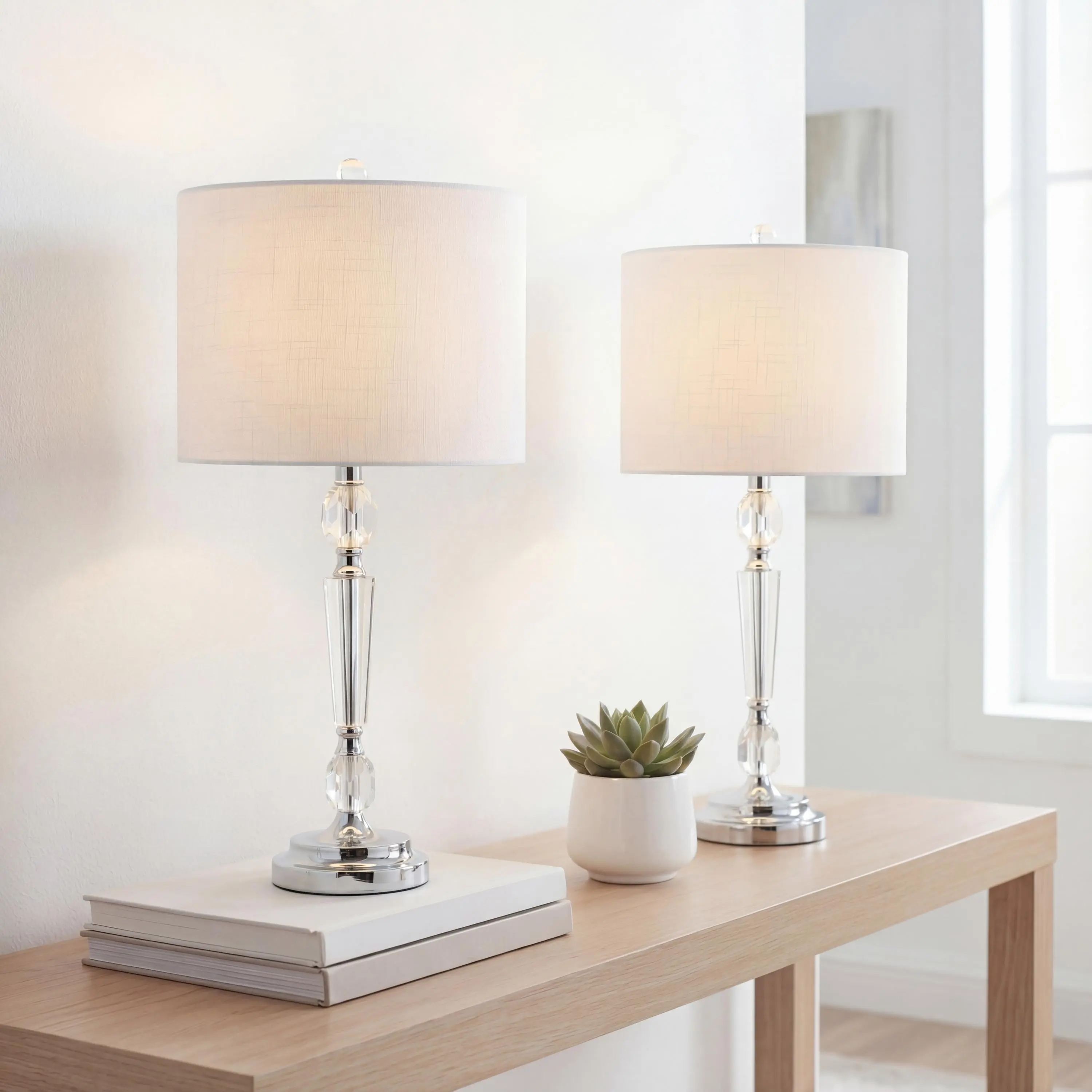 JONATHAN Y Victoria 27" Crystal LED Bedside Table Lamp, Clear, Set of 2 | Modern Glam Candlestick Nightstand Light, White Linen Drum Shade, Chrome Metal Base, UL Listed, Bulbs Included