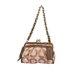 Pre-owned coach Canvas / Leather Shoulder Bags Y2K Opti C Limited Canvas Bronze Metallic GHW Kiss Lock Shoulder Purse