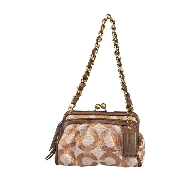 Pre-owned coach Canvas / Leather Shoulder Bags Y2K Opti C Limited Canvas Bronze Metallic GHW Kiss Lock Shoulder Purse