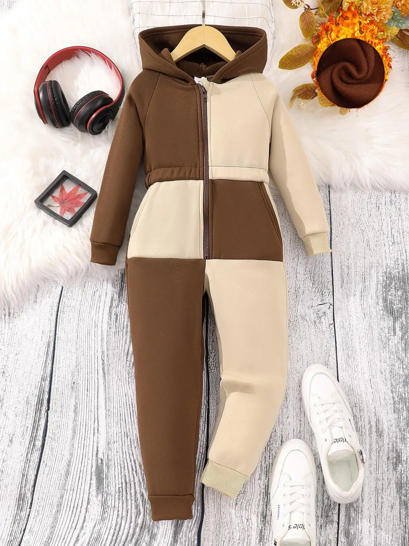 Girl's Colorblock Zip Up Hooded Jumpsuit, Casual Long Sleeve Pocket Design Jumpsuit for Fall & Winter, Kids Clothes for Daily Wear