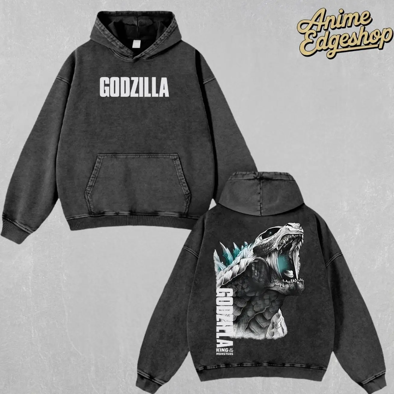 Retro Vintage Godzilla Oversized Washed Hoodie , King of the Monsters Streetwear Outfits, Heavyweight Cotton Unisex Graphic Tee Top, Gift For Him & Her Movie Lover Menswear Casual, Halloween gift  1BP