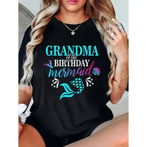 Women’s Black T-Shirt – Grandma of the Birthday Mermaid with Mermaid Tail, Scales & Shell Print, Ideal for Mermaid-Themed Birthday Parties & Family Celebrations