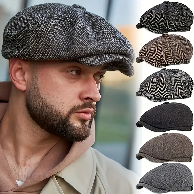 Trendy Painter Hat Men Beret Cap Textured Fabric British Vintage Newsboy Octagonal Flat Cap Fashion Versatile, All Seasons Universal Minimalistic Plain Pattern, Fashionable Hats
