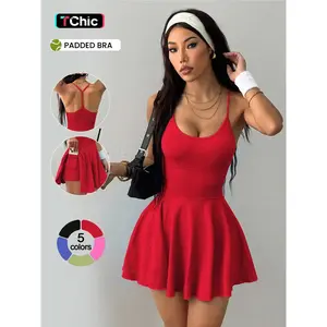 Women's Solid Pocket Shorts Design Sports Dress, Casual Sporty 2 in 1 Sleeveless Sports Dress for Gym Workout Running, Ladies Sportswear for All Seasons, Tennis Athletic Workout Active Dress