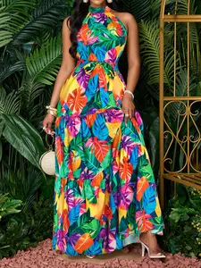 Summer Casual Vacation Printed Women's Dress, Halter Neck Sleeveless Long Dress, Fashionable Summer Holiday Wear, Slim-Fitting Plant Pattern