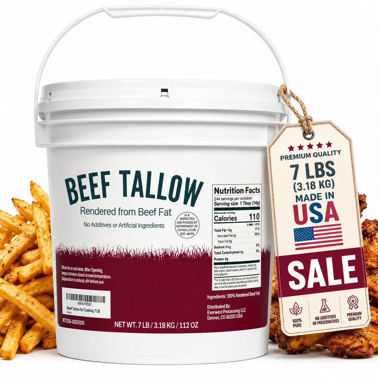 Beef Tallow for Cooking | 7lb ( 112oz) ,100% Pure Grass-Fed Beef Fat |  No Additives | High Smoke Point Cooking Fat for Frying, Roasting & Baking | Keto & Paleo Friendly | Made in USA Healthy