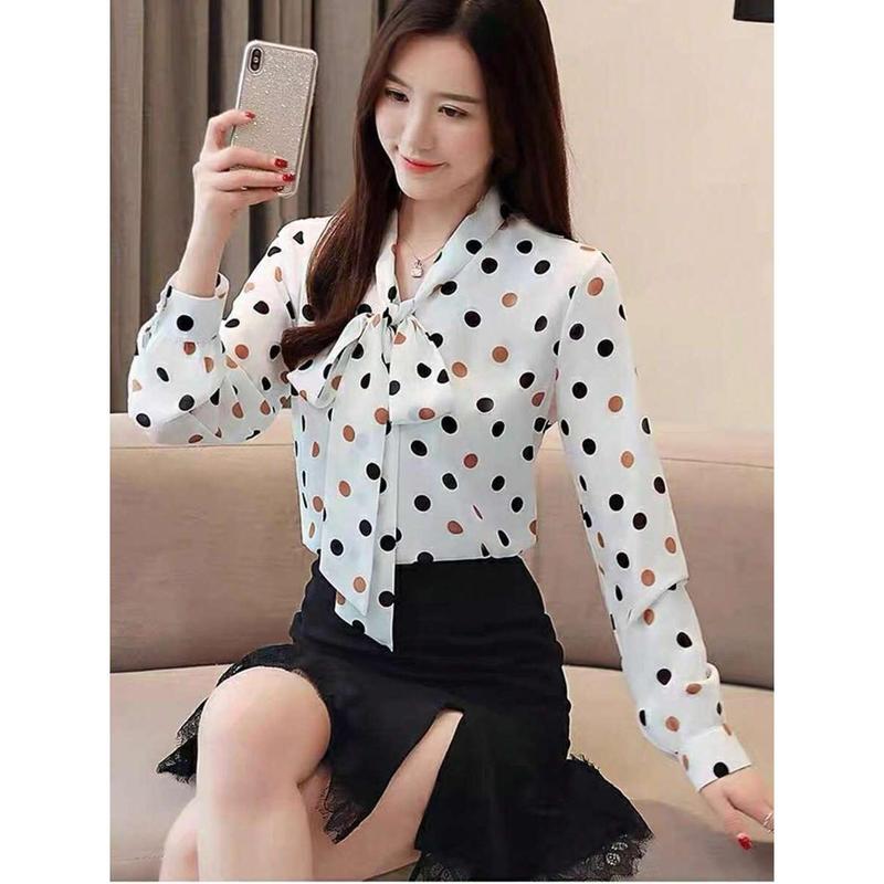 Women's Spring Summer Tie Neck Long Sleeve Polka Dot Print Casual Blouse Black Polyester Shirt with Button Front Fit Regular Style