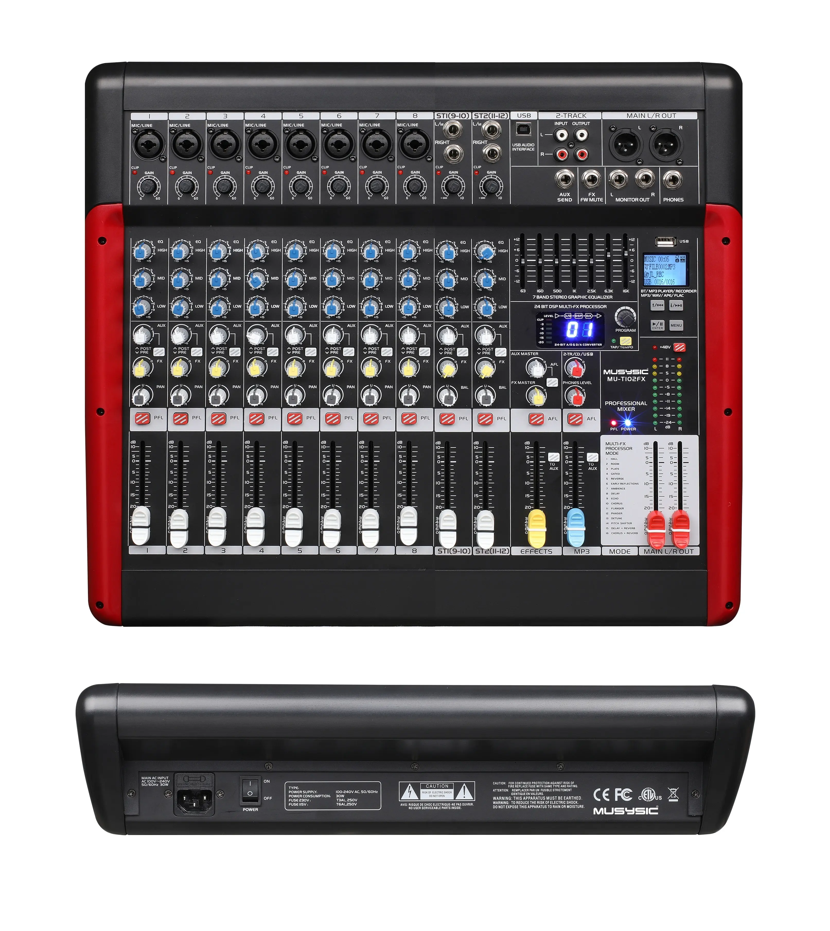 Professional 12 Channel PA Mixer 24-bit 99 FX USB interface MU-T102FX